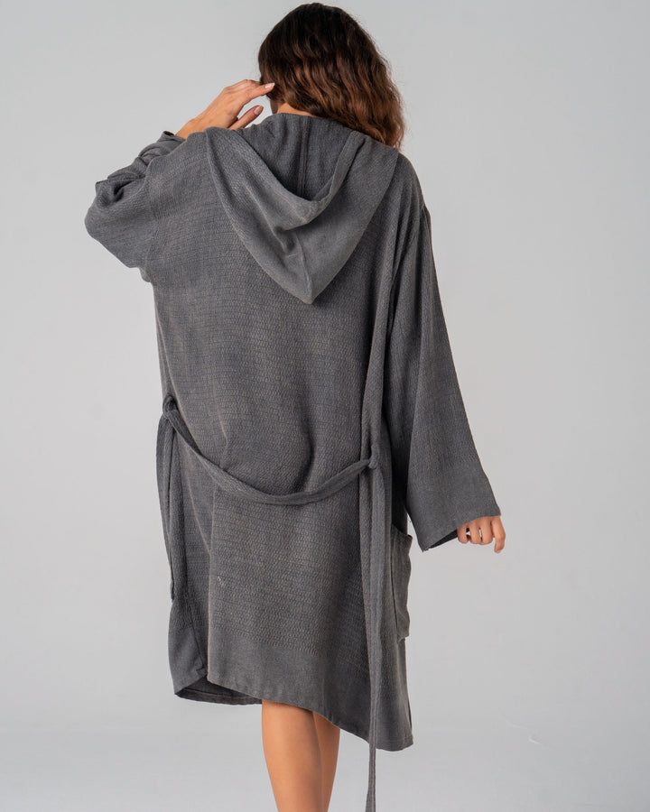 Hand-loomed waffle textured bathrobe grey