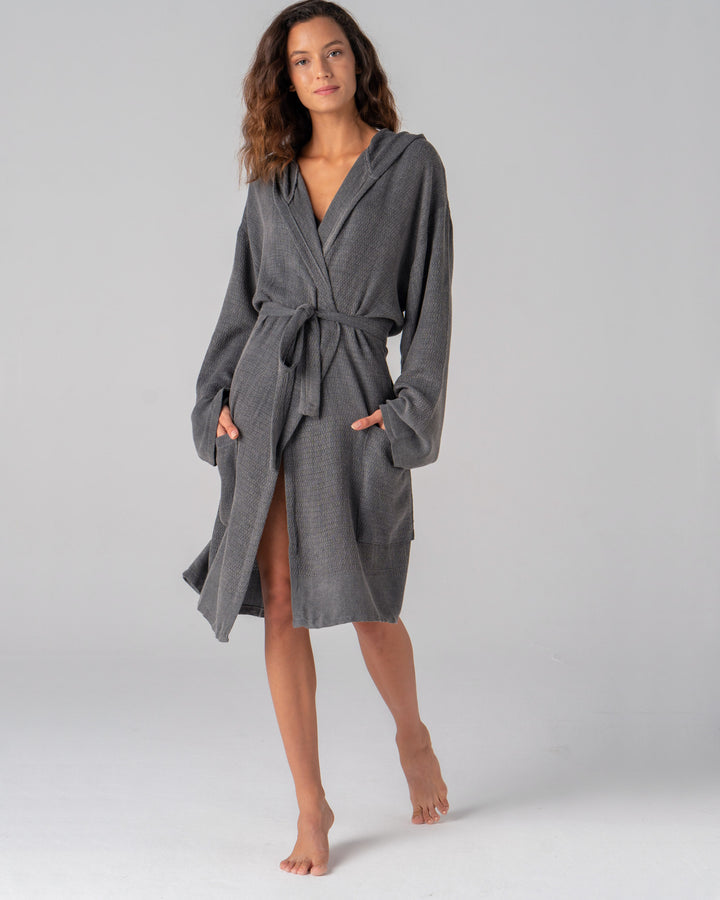 Hand-loomed waffle textured bathrobe grey