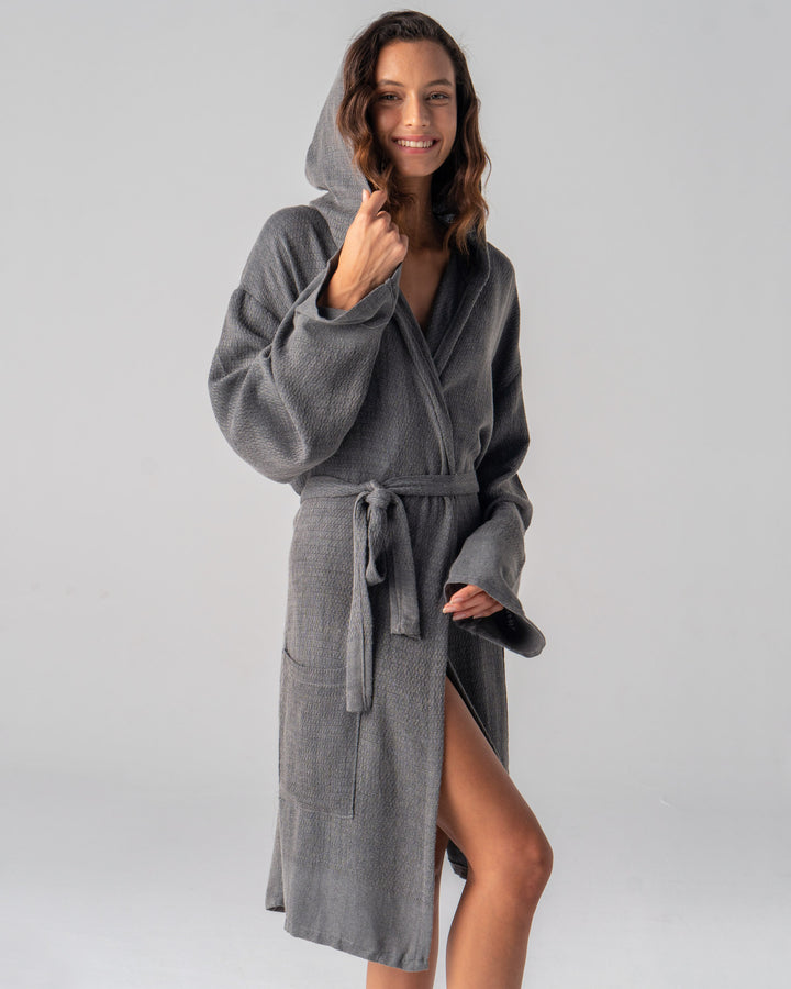 Hand-loomed waffle textured bathrobe grey