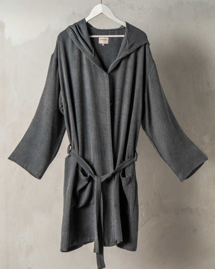 Hand-loomed waffle textured bathrobe grey